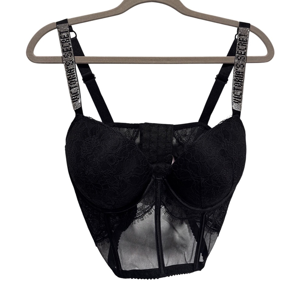 Victorias Secret Very Sexy Black Lace Rhinestone Shine Strap Corset Bra 34DD